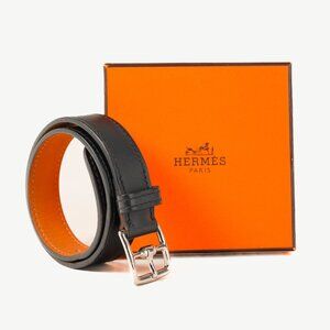 Hermes Etriviere Double Jour Wrap Black Leather Silver Buckle Bracelet